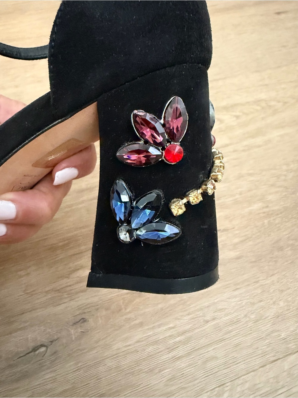 Stuart Weitzman Black Faux-Fur Ankle Strap Block Heels with Bead Embellishments - Picture 3 of 5